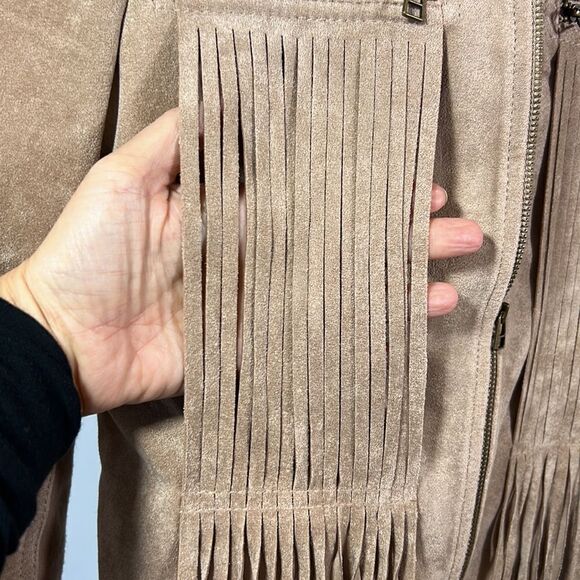 BCBGMAXAZRIA Women’s Reiss Stretch Woven Microsuede Fringe Jacket Tan Size XS - Picture 13 of 16